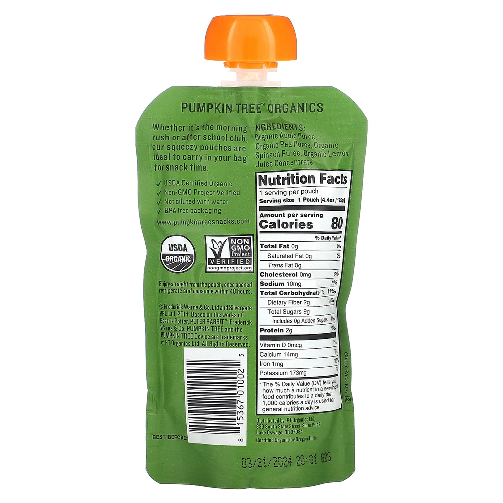 Pumpkin Tree Organics, Peter Rabbit Organics, органическое фруктовое и овощное пюре, яблоко, горох и шпинат, 125 г (4,4 унции)