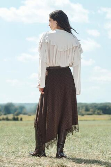 ZARA ЮБКА С АСИММЕТРИЧНЫМ ПОДОЛОМ И БАХРОМОЙ, КОРИЧНЕВЫЙ
