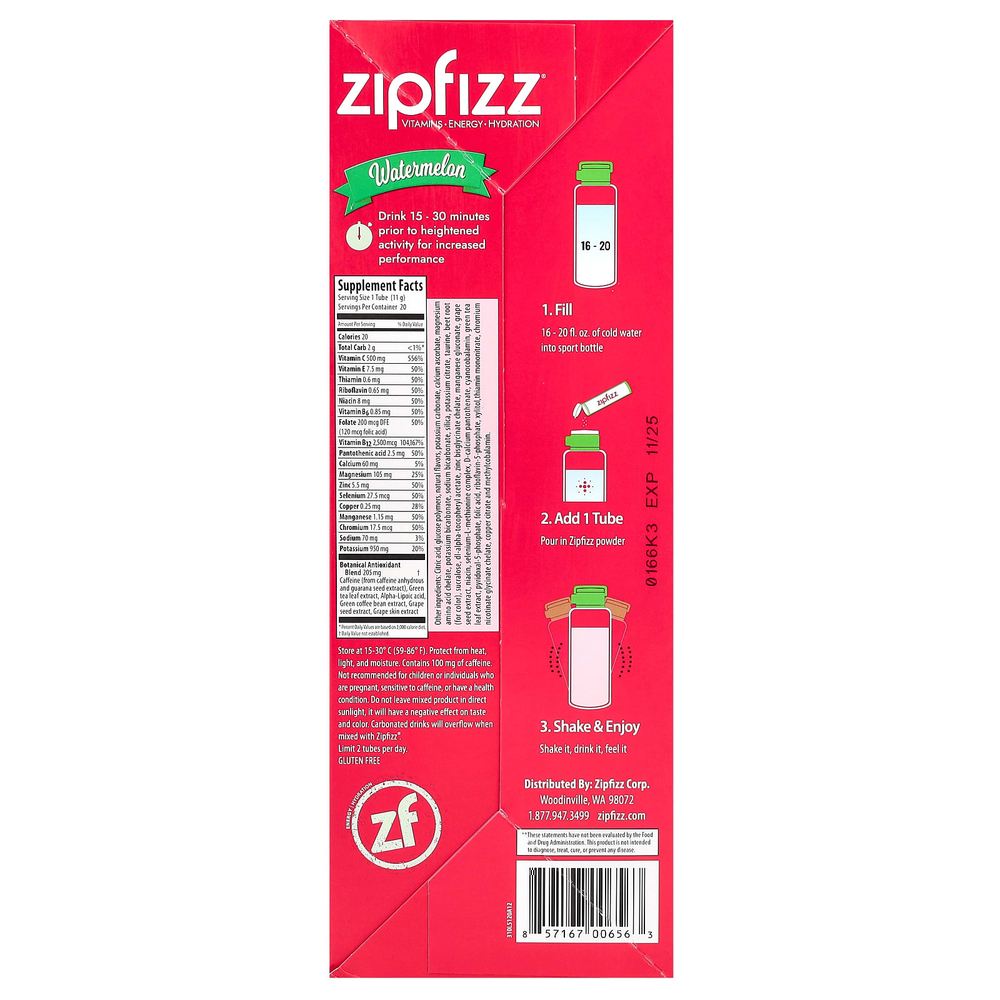 Zipfizz, смесь для энергетического напитка, со вкусом арбуза, 20 тюбиков по 11 г (0,39 унции)