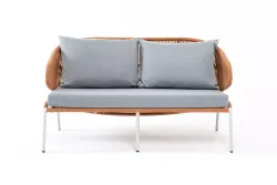 "Милан" диван 2-местный плетеный из роупа, каркас алюминий светло-серый (RAL7035) муар, роуп оранжевый меланж круглый, ткань светло-серая