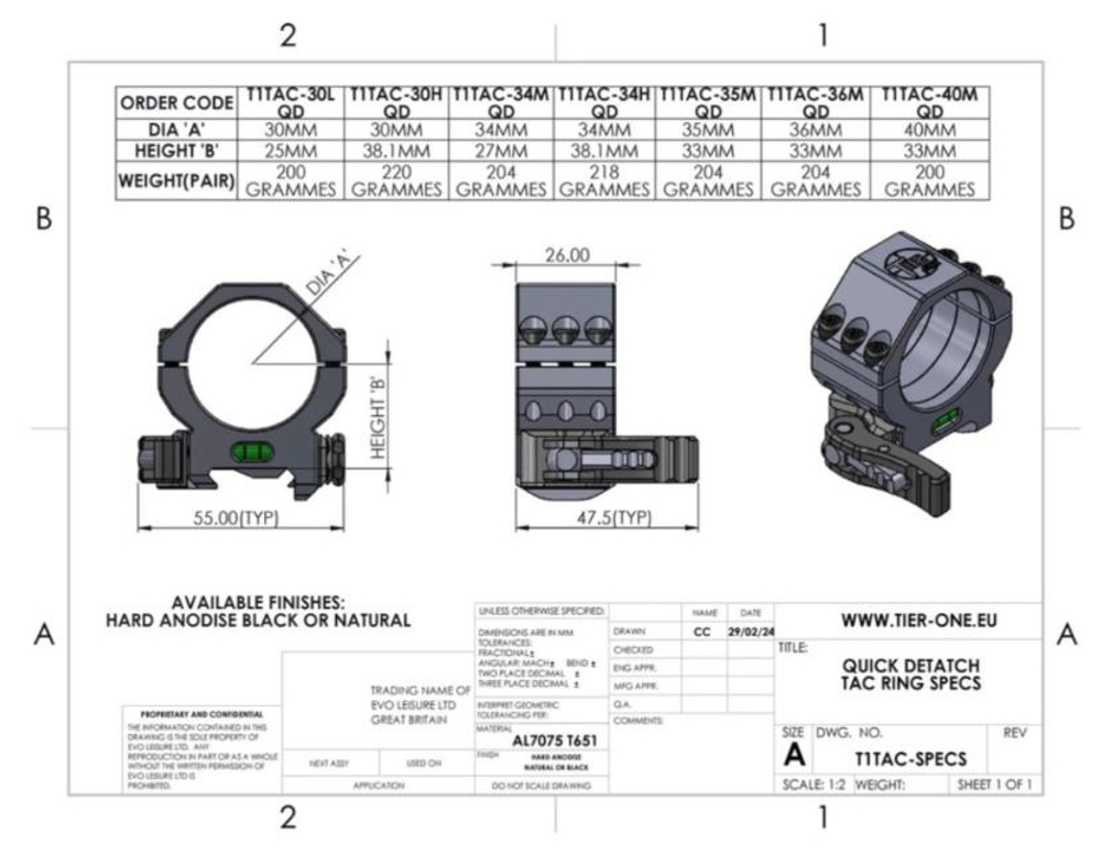 Кольца TIER-ONE QD TacRings (6 винтов) Ø34mm H38,1mm (быстросъемные)