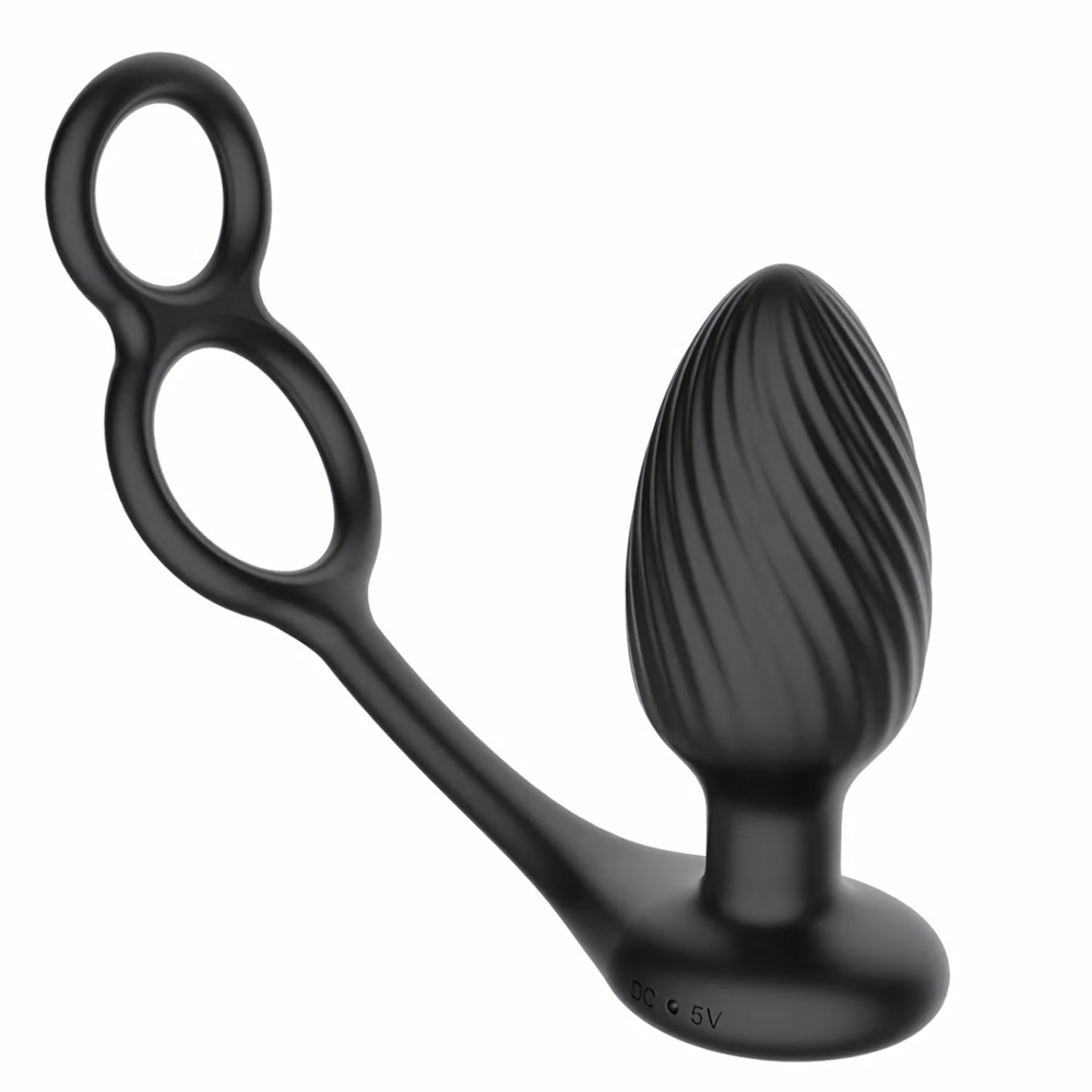 Черная анальная вибровтулка Tornado with Cock & Ball Rings с эрекционными кольцами (Цвет: черный)