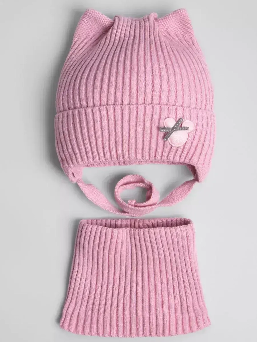 Шапка и снуд для девочки с ушками на завязках