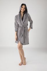 Халат женский велюровый с капюшоном 20187 серый  NUSA Турция