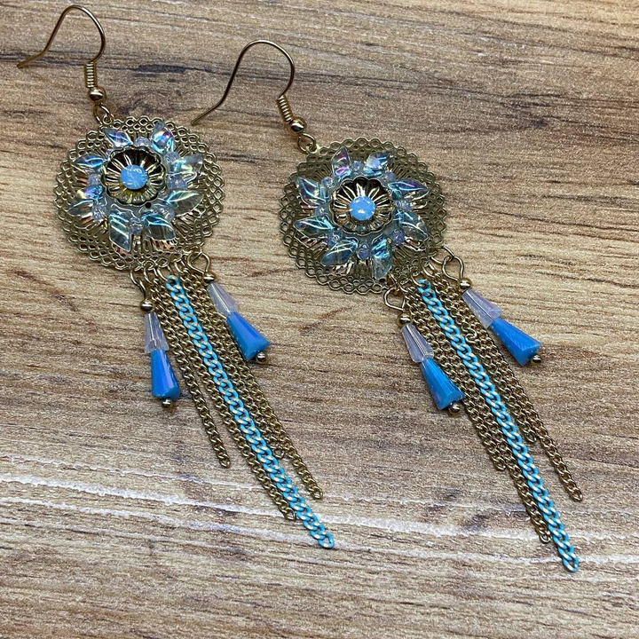 Серьги Ажурный круг солнышко из камней подвески цепочки бусинки цвет голубой металл золотистый