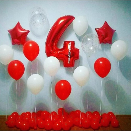 Облако шаров на 4 года с красной Цифрой