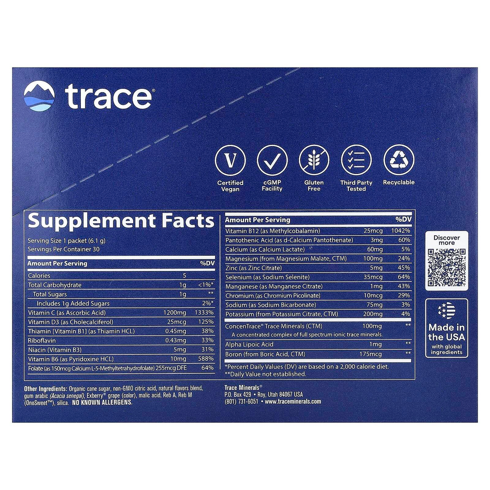 Trace, Power Pak, незаменимые питательные вещества, гранат и голубика, 30 пакетиков по 6,1 г (0,22 унции)