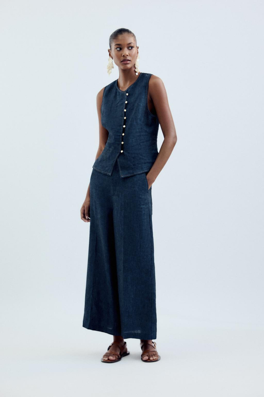 ZARA ДВУБОРТНЫЙ ЛЬНЯНОЙ ЖИЛЕТ, ИНДИГО