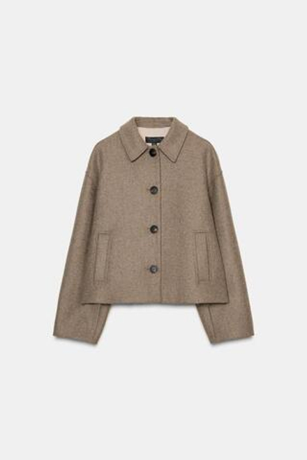 ZARA КОРОТКОЕ ПАЛЬТО ИЗ СМЕСОВОЙ ШЕРСТИ, ТЕМНЫЙ СЕРО-КОРИЧНЕВЫЙ