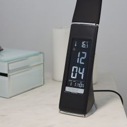 TLD-542 Black-LED-300Lm-5000K-Dimmer Светильник настольный c часами. календарем. термометром. 5W. Сенсорный выключатель. Черный стилизован под кожу. TM Uniel.