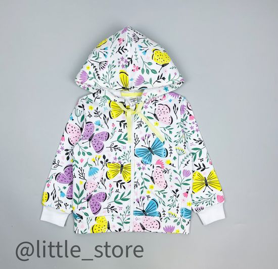 Толстовка на молнии "Бабочки в саду" из футера, белая