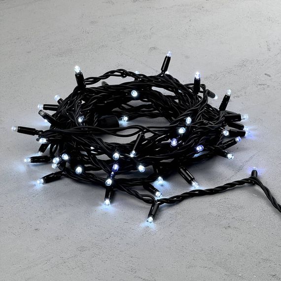 Светодиодная гирлянда с колпачком 75 холодных белых LED ламп 10 м., мерцание, 24В., черный каучуковый провод, IP65, LTC (LL75BLW-1-1W)