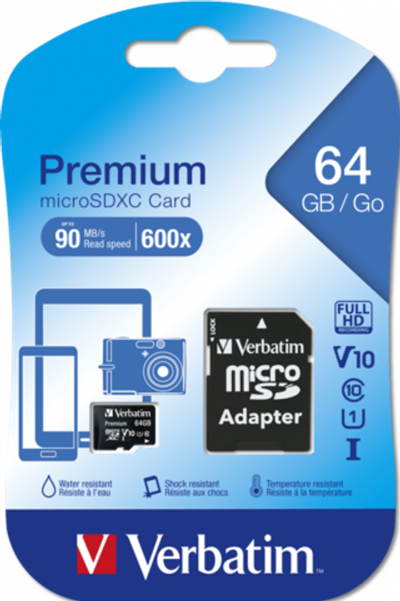 Карта памяти Verbatim Premium microSDXC 64GB UHS-I U1 V10, R 90 МБ/с с адаптером