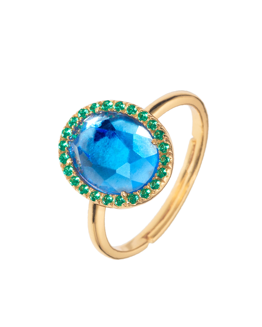 Кольцо голубой центральный камень, зеленая окантовка