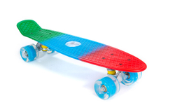 Скейтборд TRIX мини 22" 56 см , пластик, подвеска-алюм., колеса светящиеся PU 45х60 мм голубые, ABEC 7, красн/син/зел.