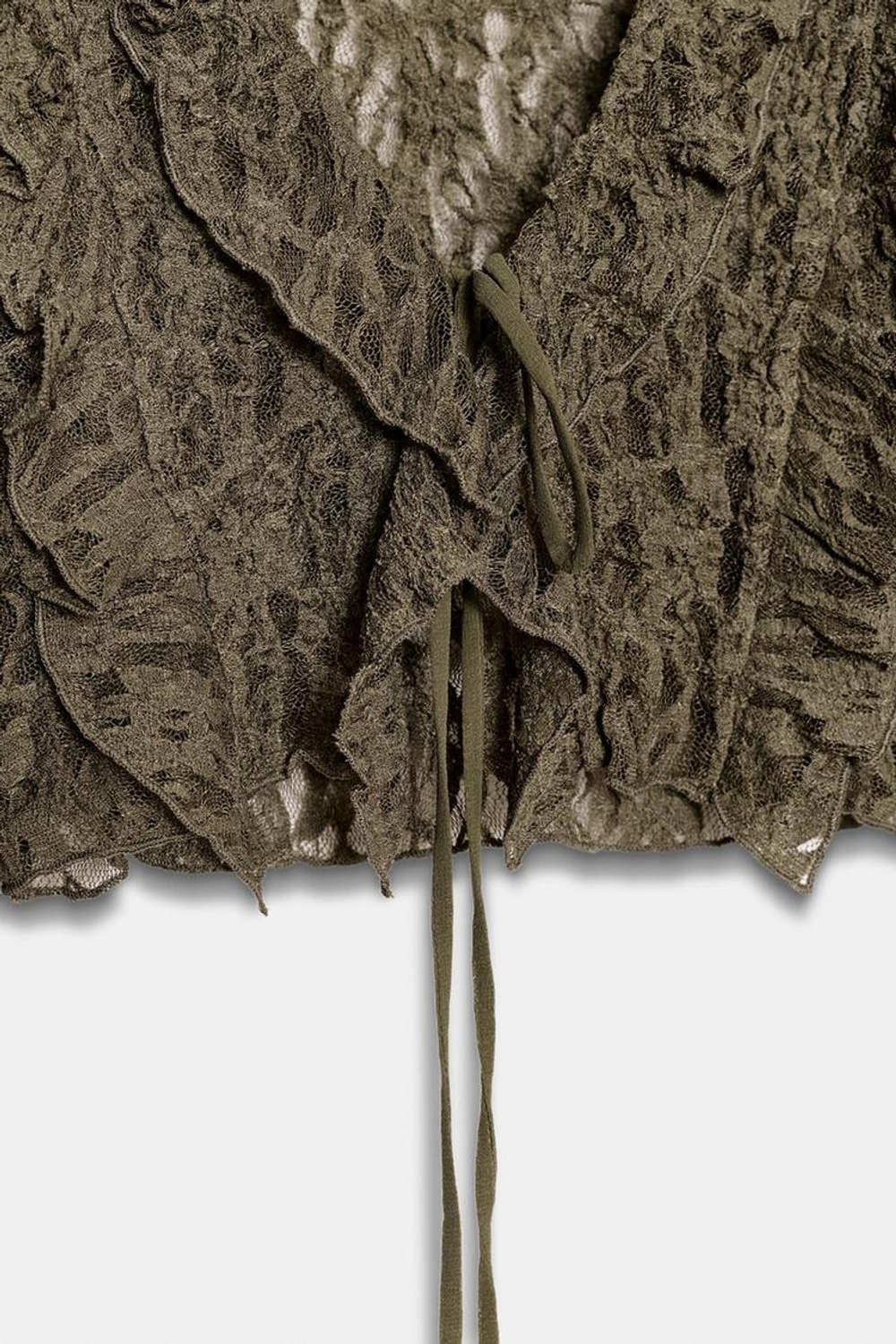 ZARА УКОРОЧЕННЫЙ КАРДИГАН С КРУЖЕВОМ И ВОЛАНАМИ, СЕРО-КОРИЧНЕВЫЙ