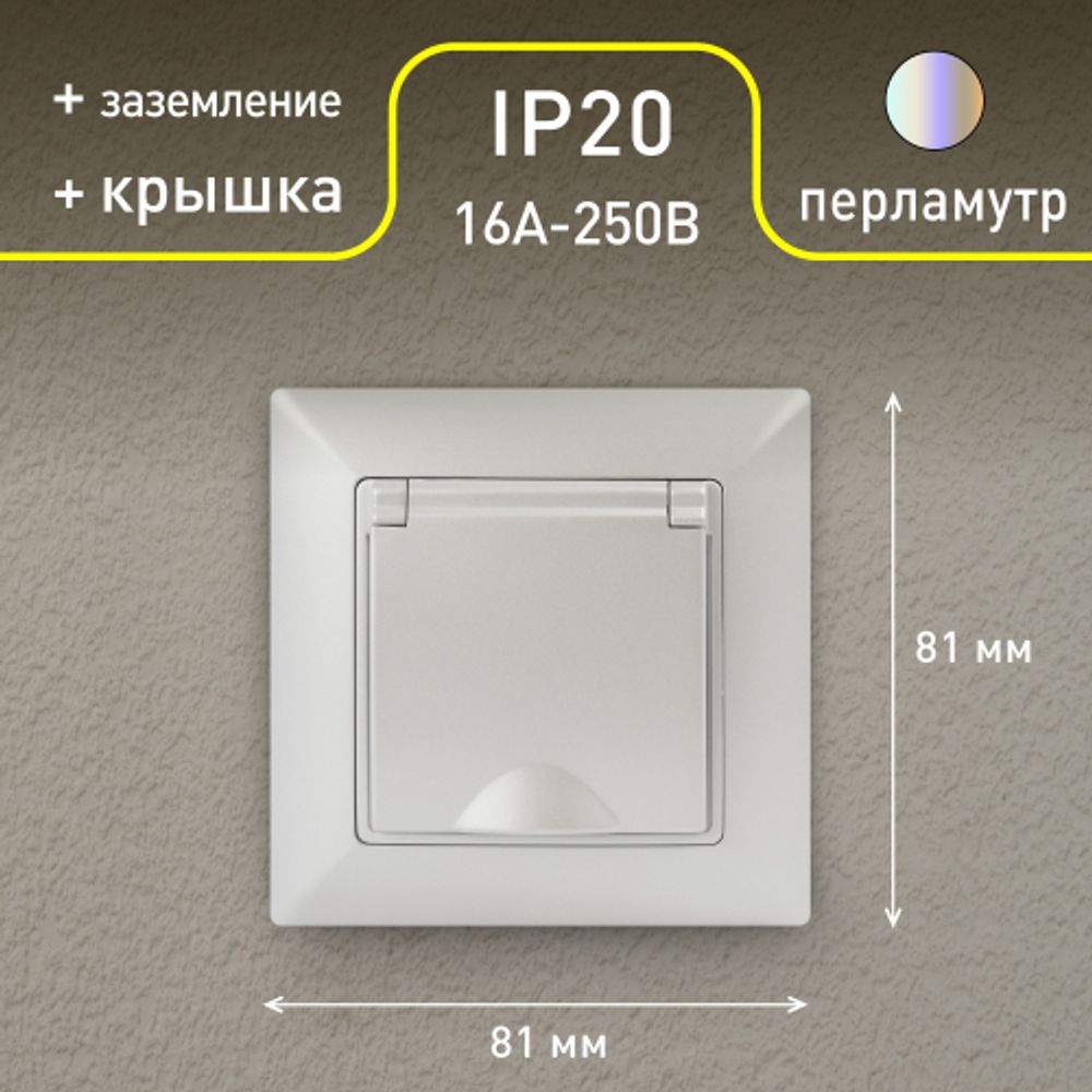 Розетка Intro Solo 4-203-06 с заземлением 2P+E Schuko с крышкой, 16А-250В, IP20, СУ, перламутр