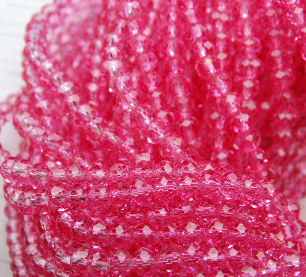 БП044НН34 Хрустальные бусины "рондель", цвет: арбузный розовый прозр., 3х4 мм, кол-во: 95-100 шт.