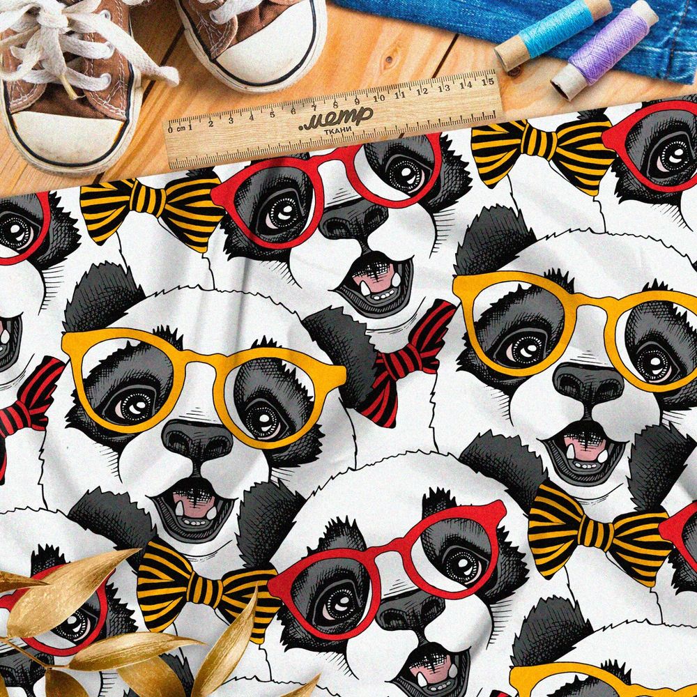 Ткань оксфорд 210 милые панды в разноцветных цветных очках