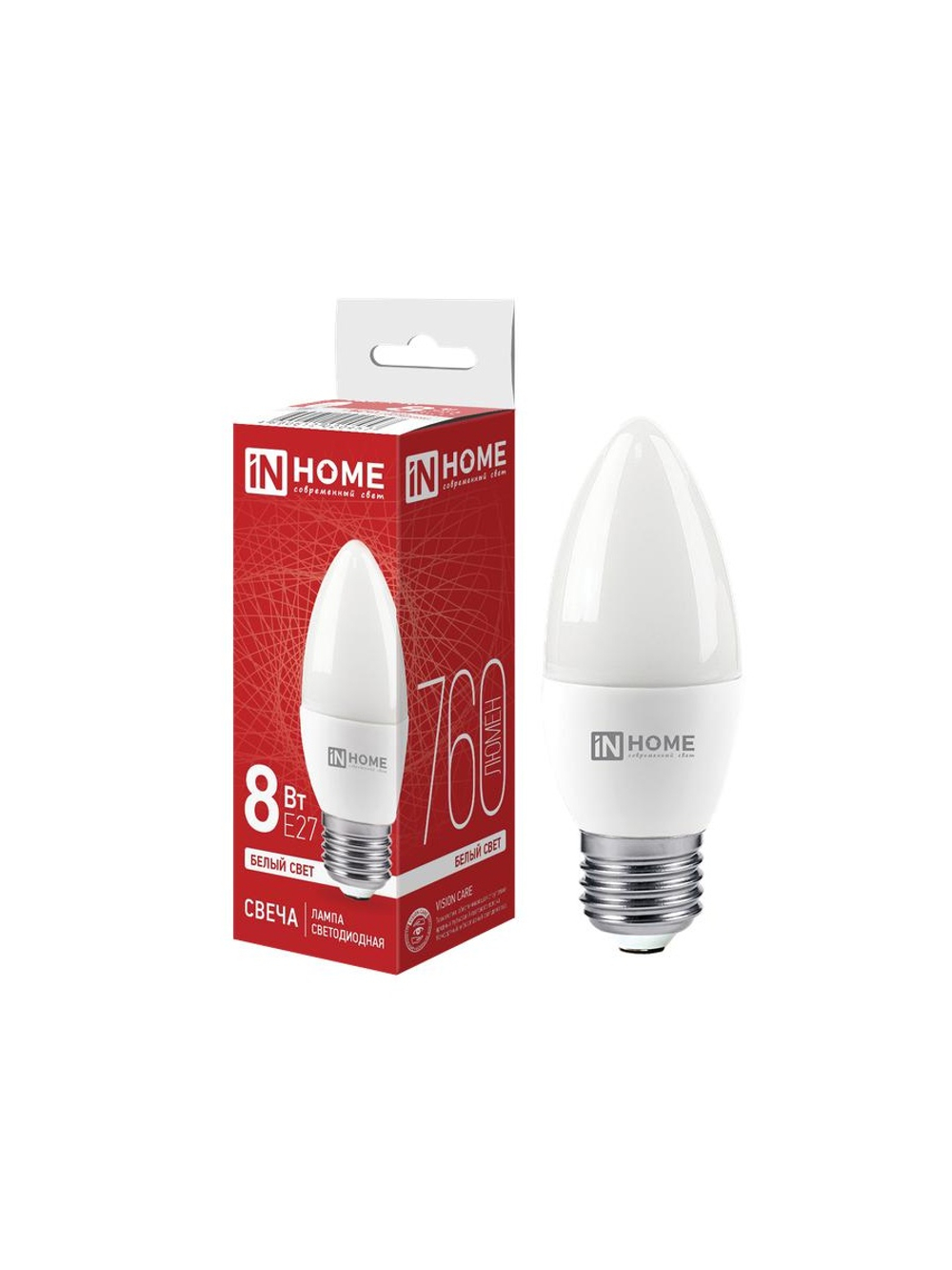 Лампа светодиодная LED-СВЕЧА-VC 8Вт свеча 4000К нейтр. бел. E27 760лм 230В IN HOME 4690612020457