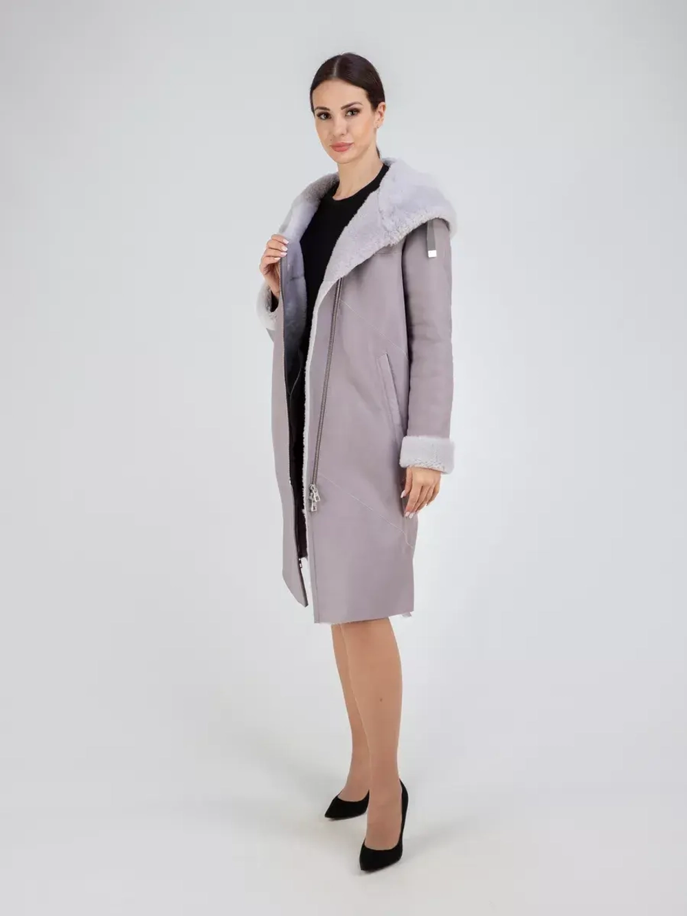 Дубленка зима натуральная удлиненная с капюшоном