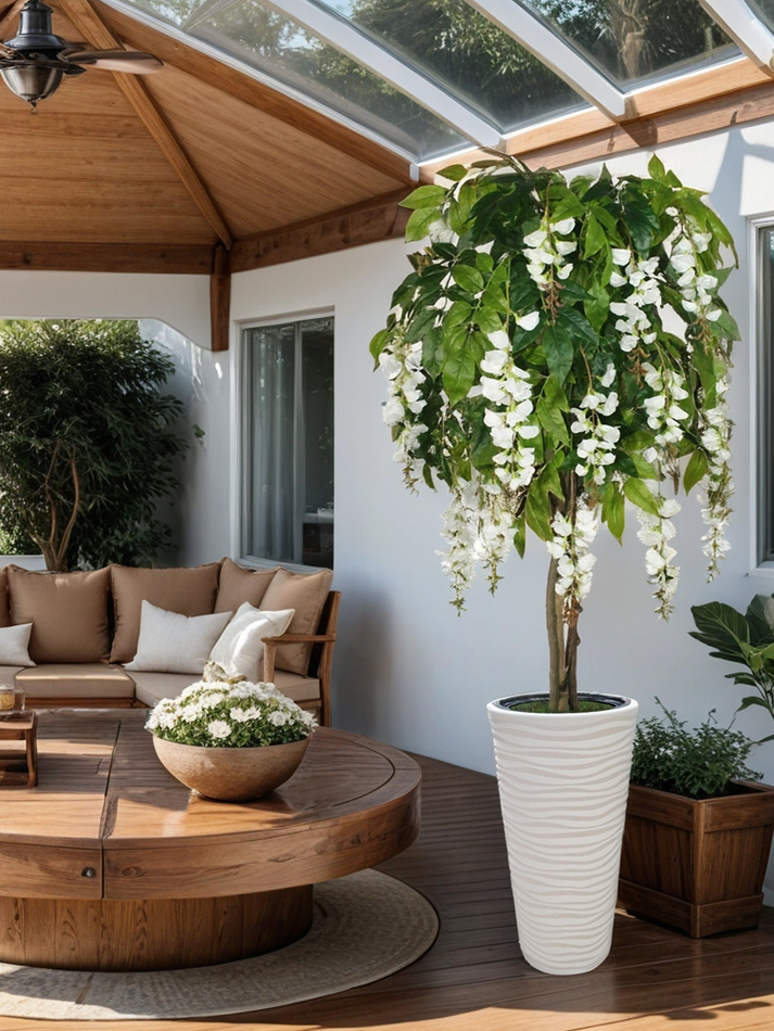 Искусственное дерево Акация белая 170 см в высоком круглом белом кашпо