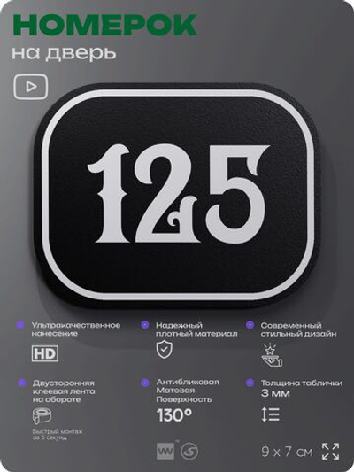 Номерок на дверь квартиры 125, для кабинета, офиса, шильдик 9 х 7 см, черный, Айдентика Технолоджи
