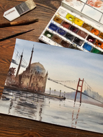 Картина авторская акварельная в паспарту 30х40 см на стену для интерьера "Мечеть Ортакей. Стамбул"