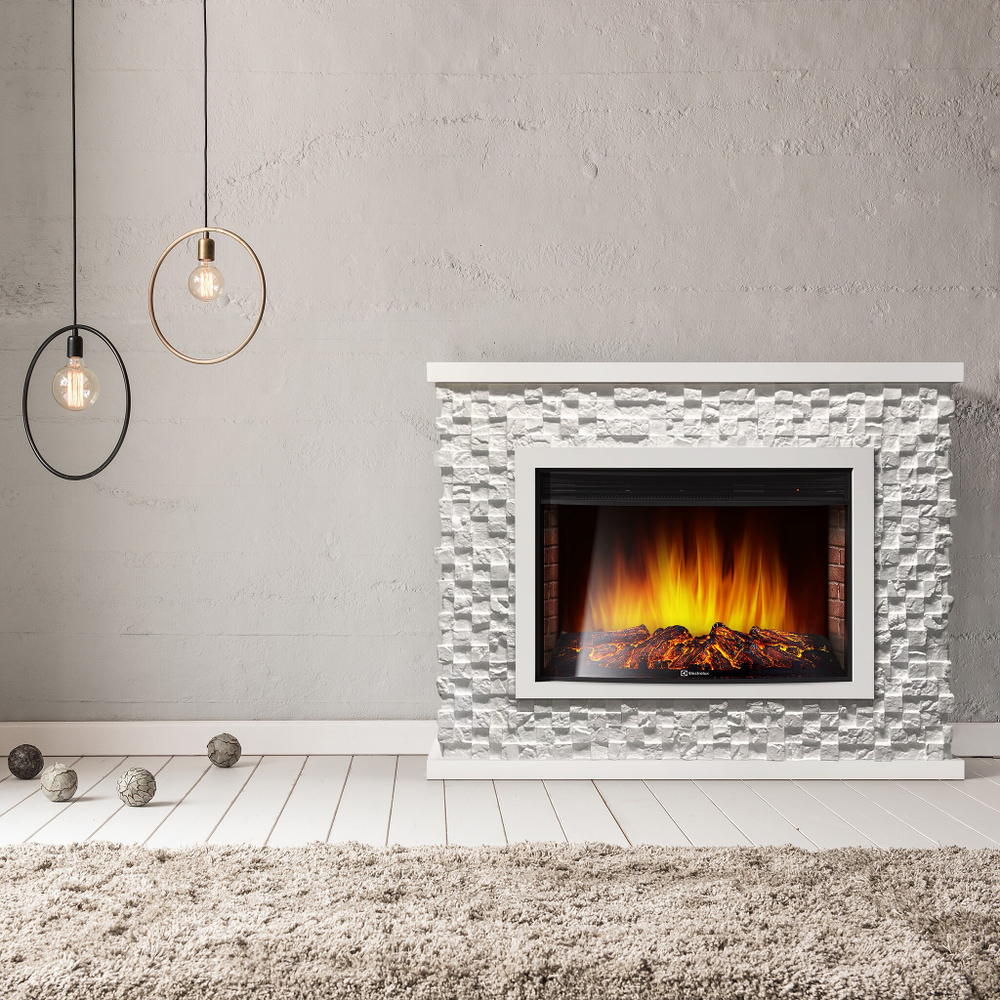 Каминокомплект: Очаг Electrolux EFP/P-3320RLS с порталом Quadro 30 камень песчаник античный бел