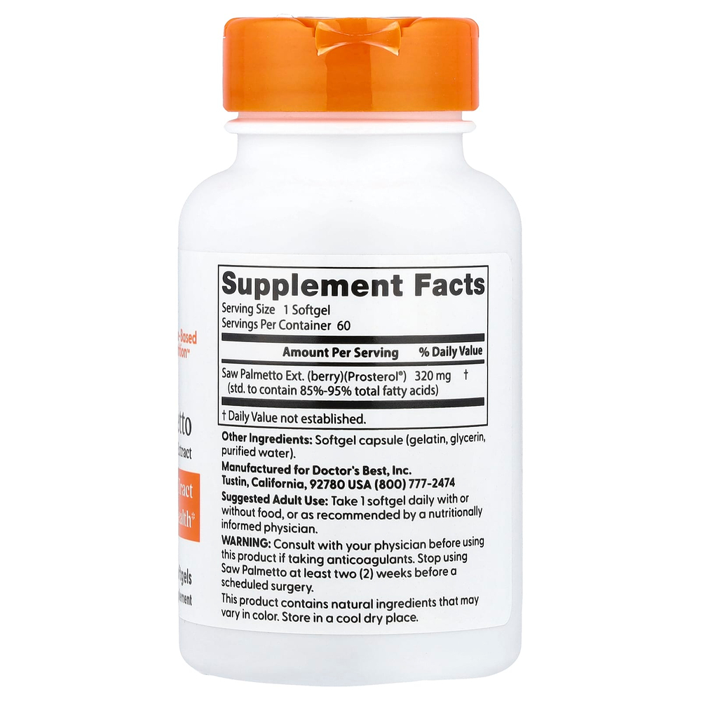 Doctor's Best, Сереноа, стандартизированный экстракт, 320 мг, 60 мягких таблеток