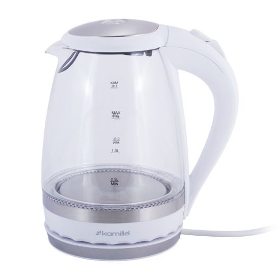 Чайник электрический 1,5 л. стеклянный Kamille KM-1701A (белый) с синей LED подсветкой