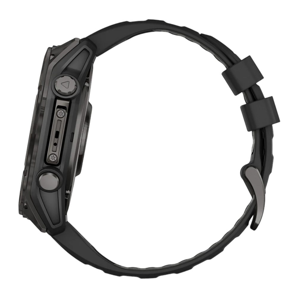 Спортивные часы Garmin fenix 8, 51 мм, AMOLED, титан с DLC, сапфир, силиконовый ремешок цвета чёрный/«серая галька» Тёмно-серый безель из титана с DLC-покрытием, AMOLED-дисплей. Ремешок с классической застёжкой — на запястье обхватом 127–210 мм