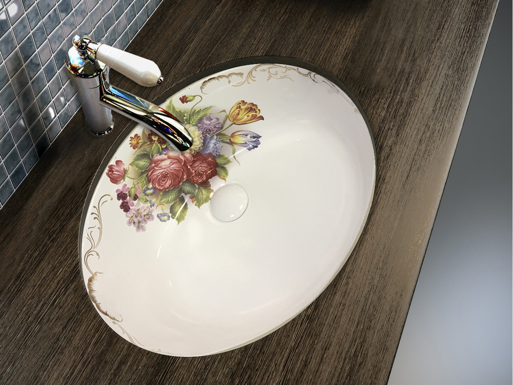 Раковина встраиваемая под столешницу Bronze de Luxe Эльзас белая с декором цветы, 465х350х210