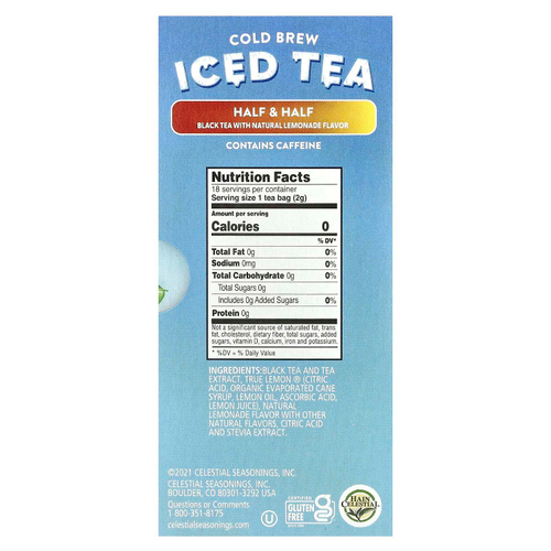 Celestial Seasonings, Холодный чай, половина и половина черного чая с натуральным лимонадом, 18 чайных пакетиков, 33 г (1,1 унции)