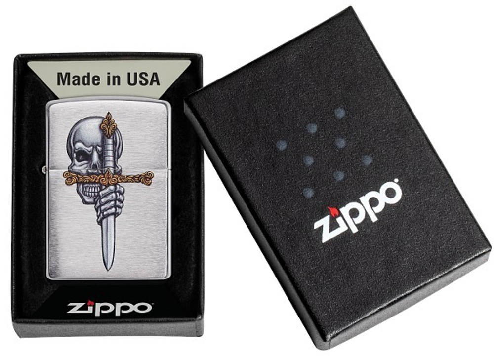 Зажигалка Zippo Sword Skull Desig с покрытием Brushed Chrome, латунь/сталь, серебристая, 38x13x57 мм
