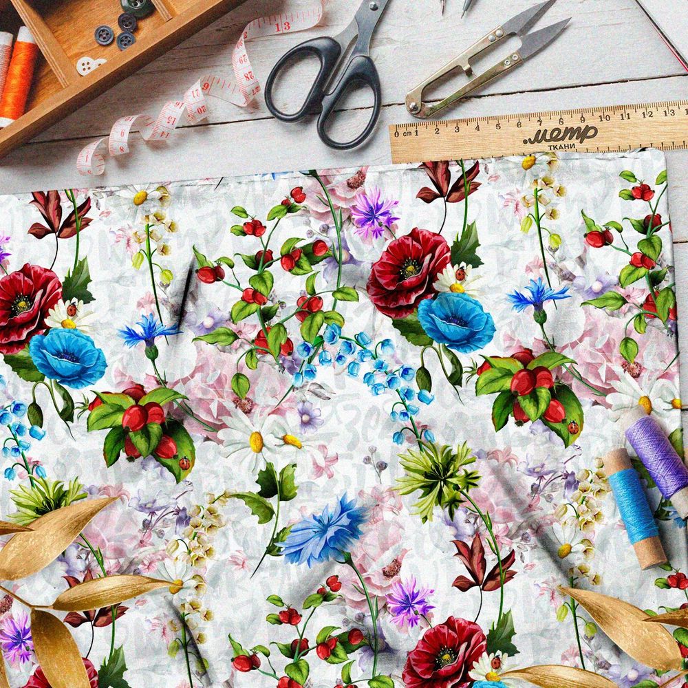 Ткань оксфорд 210 сочные контрастные цветы на бежевом фоне