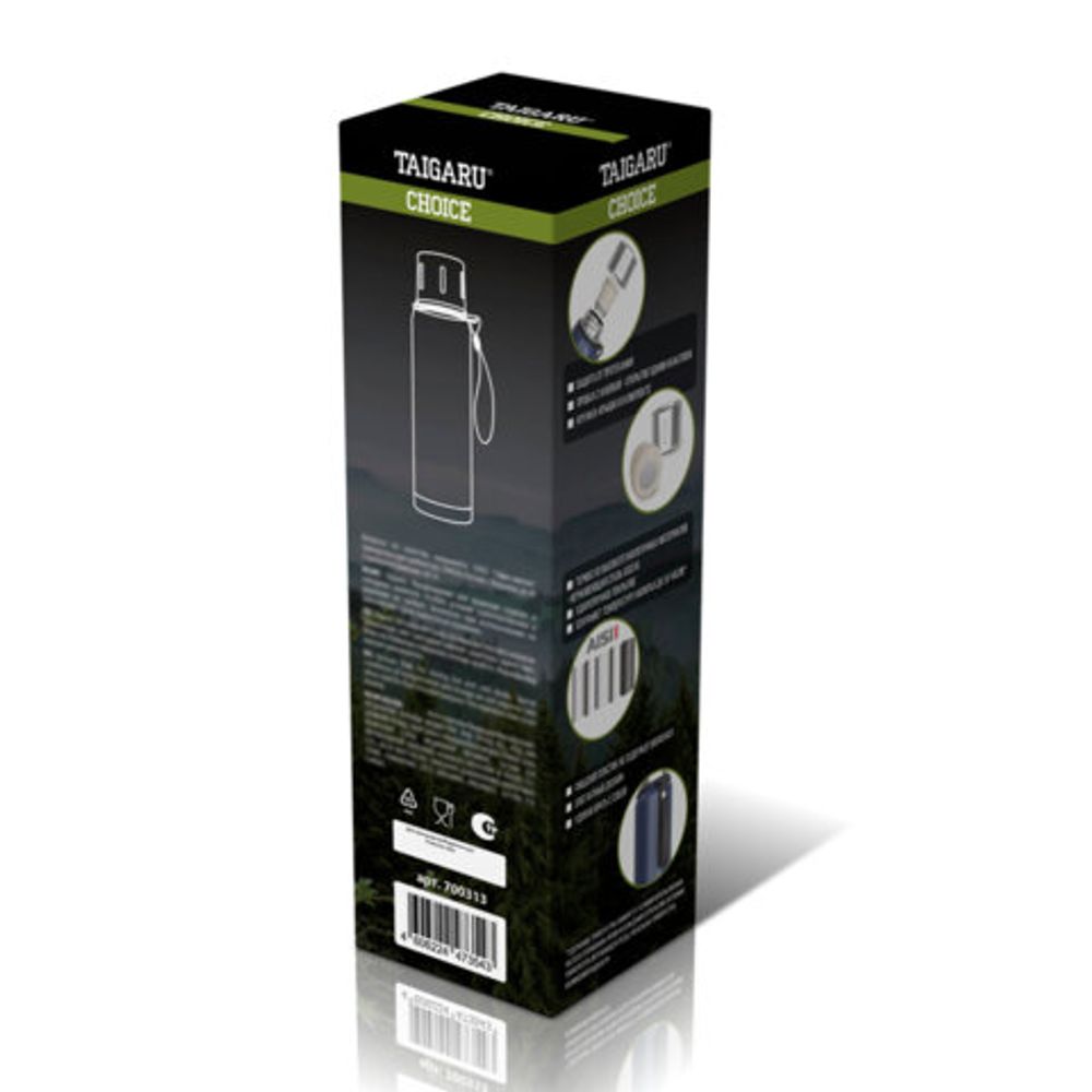 Термос 1 л TAIGARU (ТАЙГАРУ) CHOICE, нержавеющая сталь SUS316, крышка/кружка, ремешок, синий матовый, 700313