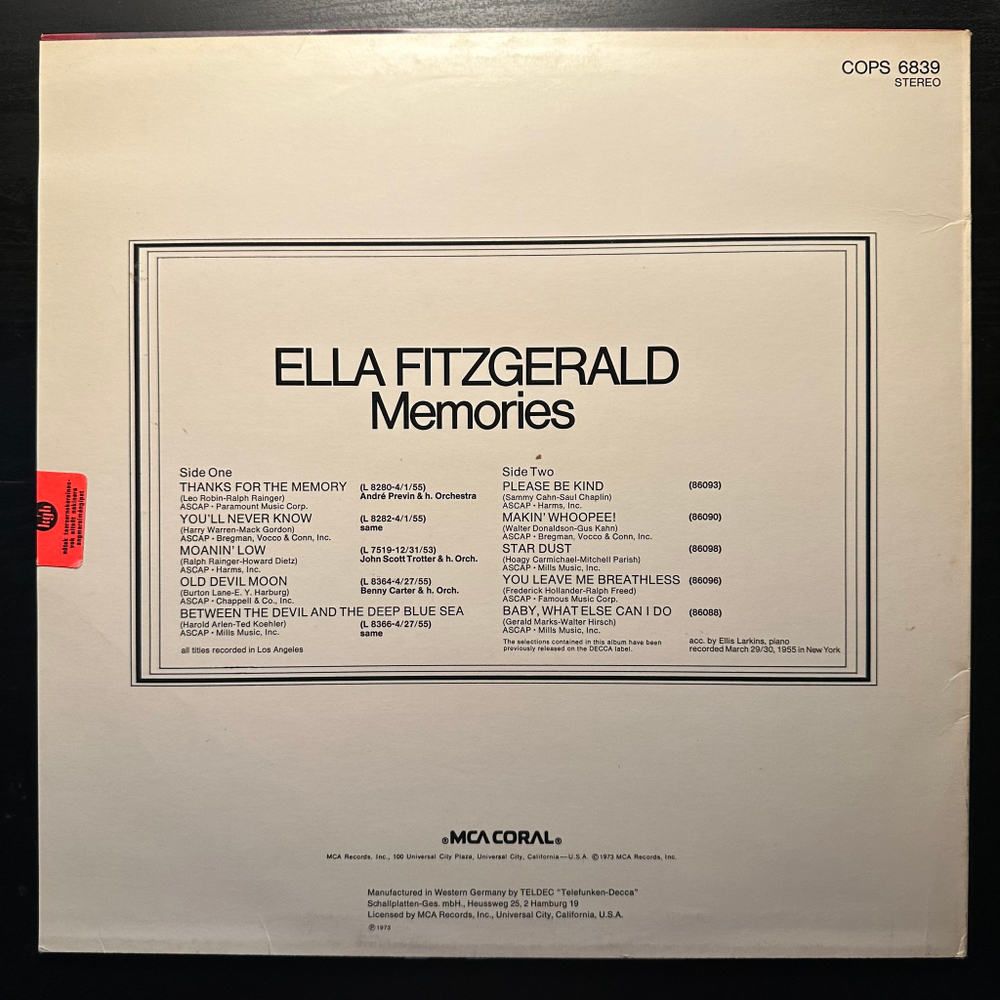 Ella Fitzgerald - Memories (Германия 1973г.)