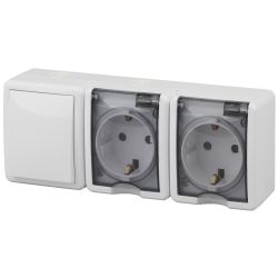 11-7403-01 ЭРА Блок две розетки+выключатель IP54, 16A(10AX)-250В, ОУ, Эра Эксперт, белый | Эра Эксперт