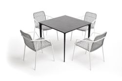 "Малага" обеденная группа на 4 персоны со стульями "Тунис", каркас белый, роуп светло-серый