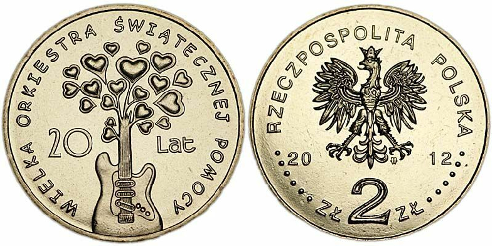 Польша 2 злотых, 2012 20 лет Благотворительному Рождественскому оркестру aUNC