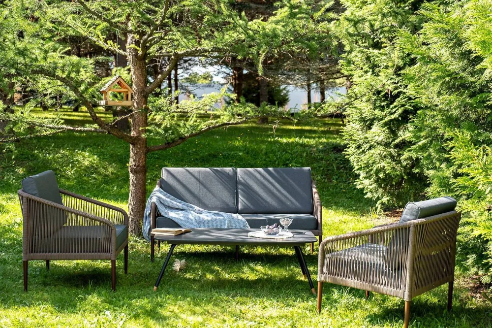 "Канны" лаунж-зона 4-местная из роупа со столом "Верона" (серый гранит), каркас алюминиевый коричневый, роуп коричневый