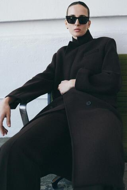 ZARA ДВУБОРТНОЕ ПАЛЬТО ОВЕРСАЙЗ ИЗ ШЕРСТИ — ZW COLLECTION, КОРИЧНЕВЫЙ