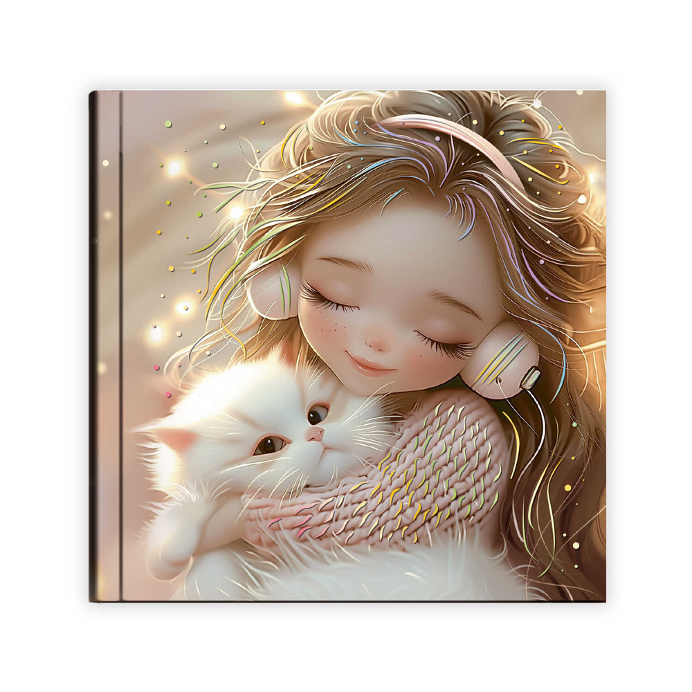 Блокноты, 105х105 мм, 48 л, арт. 74054 ДЕВОЧКА В НАУШНИКАХ И КОТЕНОК / Блок - белый офсет 65 г/м², дизайнерский блок(клетка), твёрдый переплёт 7БЦ, тиснение фольгой, глянцевая ламинация/