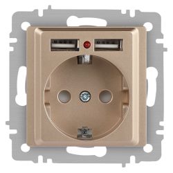 Розетка Intro Accent 6-410-04 , P+E Schuko со шторками, 16А-250В + 2хUSB, IP20, СУ, шампань | Intro