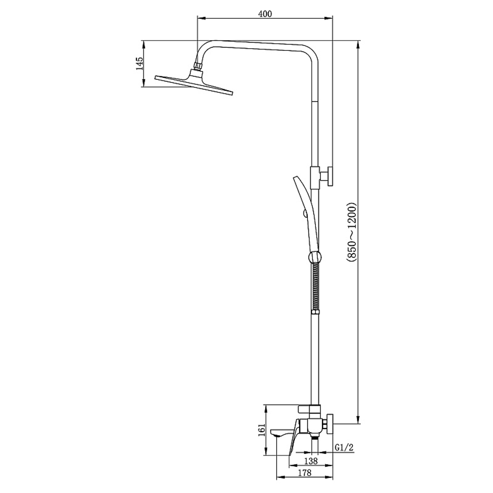 Душевая система Azario Lursy с квадратным тропическим душем, керамический картридж, шланг 150 см, черный матовый (AZ-K2349B)
