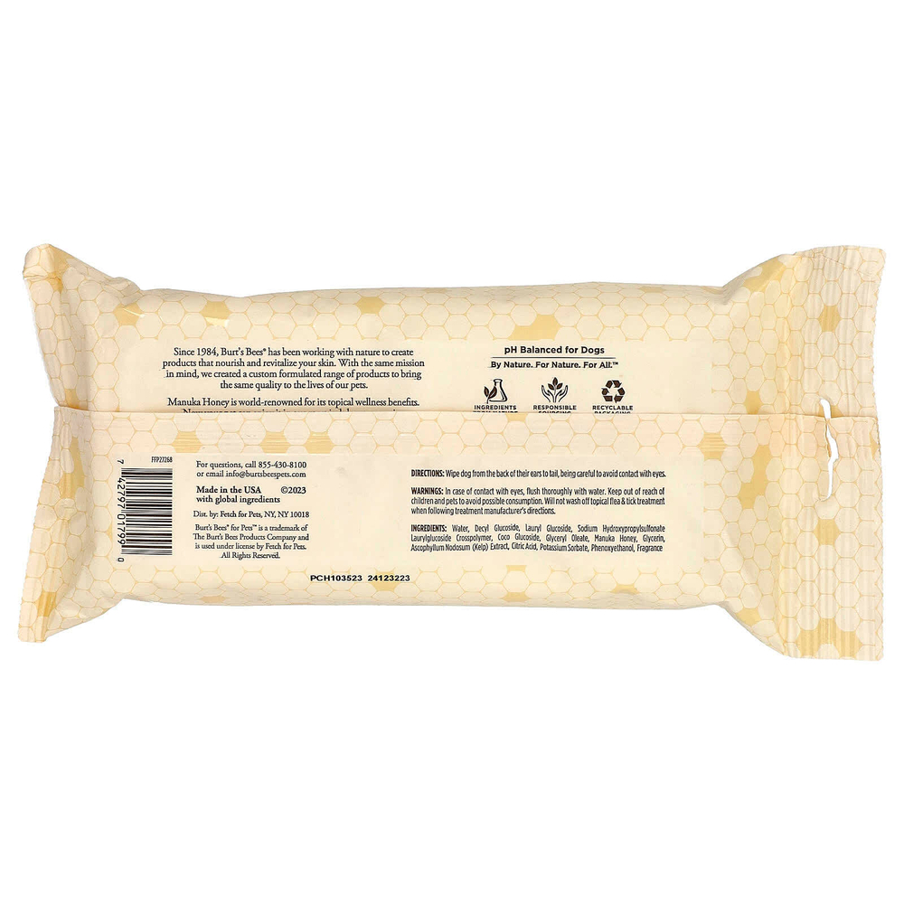Burt's Bees, Многоцелевые салфетки с водорослями Manuka Honey, для собак, с молоком и медом, 50 салфеток