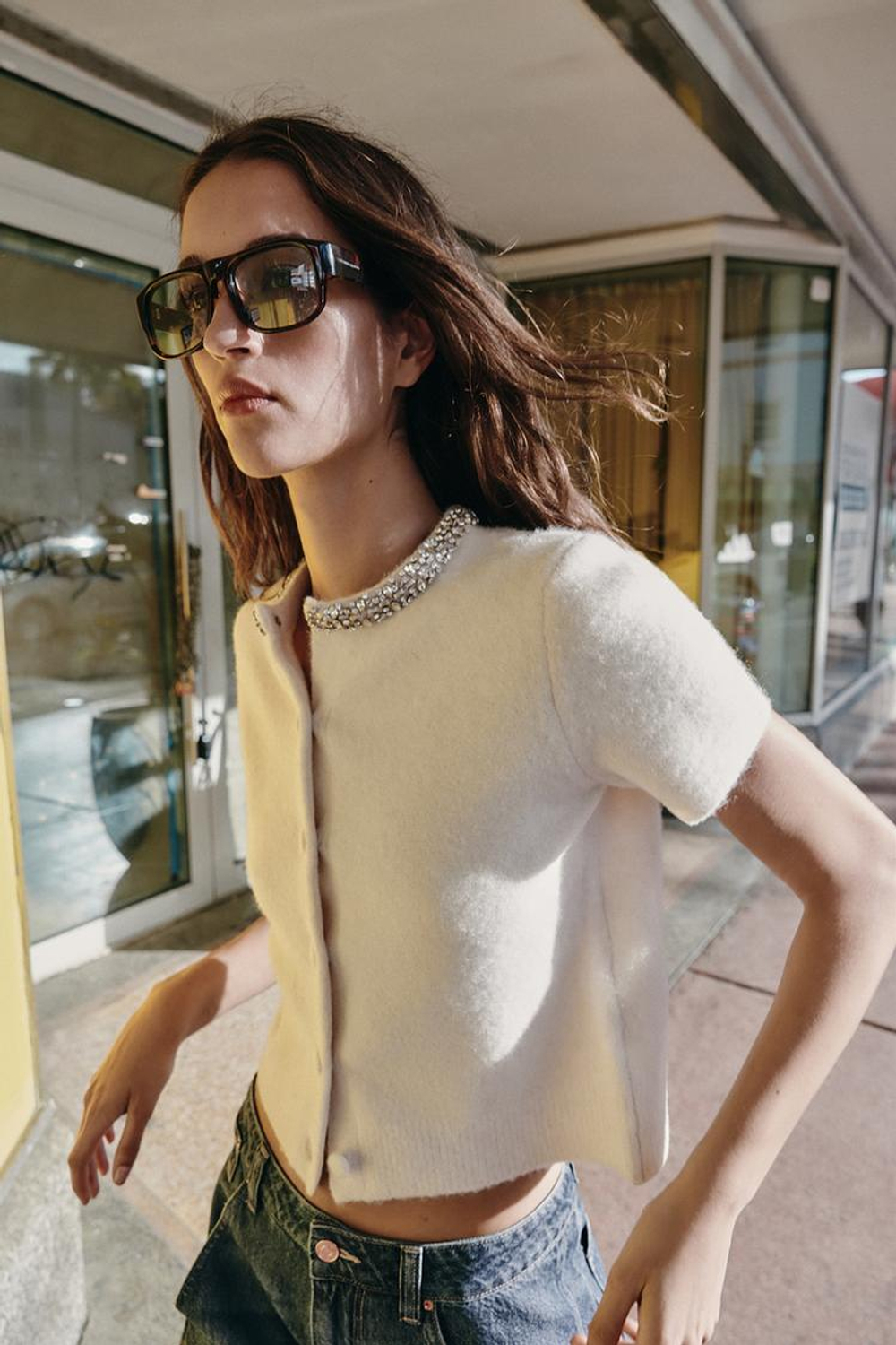 ZARА КАРДИГАН ИЗ ШЕРСТИ С ВОРОТНИКОМ И СТРАЗАМИ, ЭКРЮ