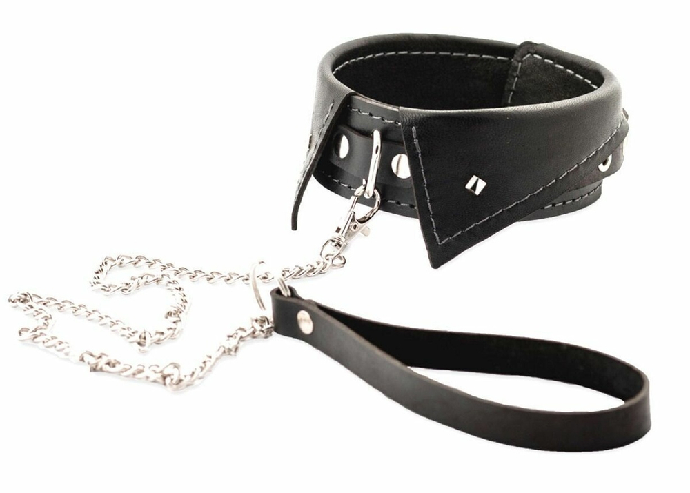 Черный ошейник-воротничок с металлическим поводком (Цвет: черный)