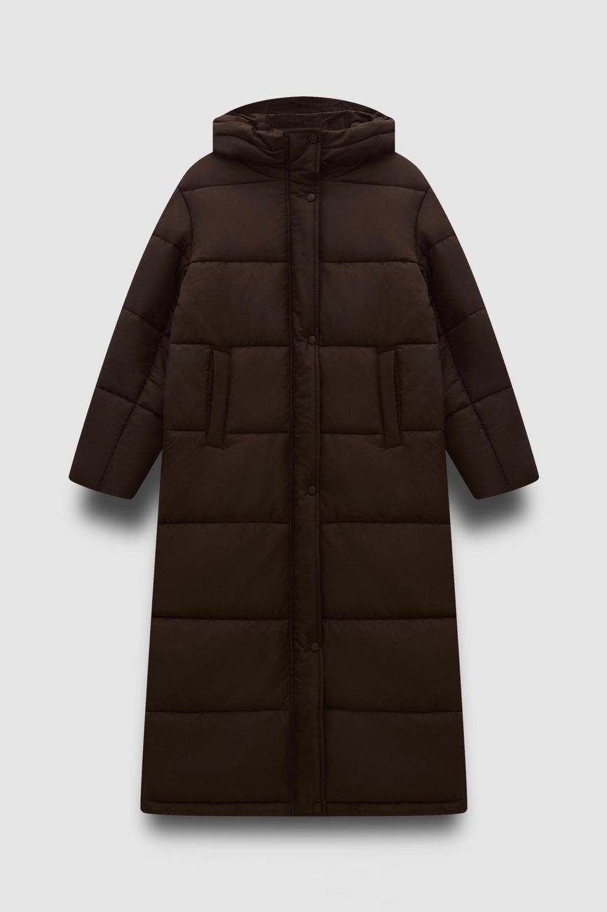Пуховик длинный стеганый, шоколад